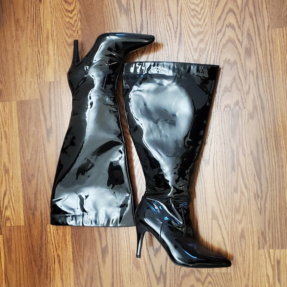 Fashion To Figure Shiny Black Heeled Boots Wide Width